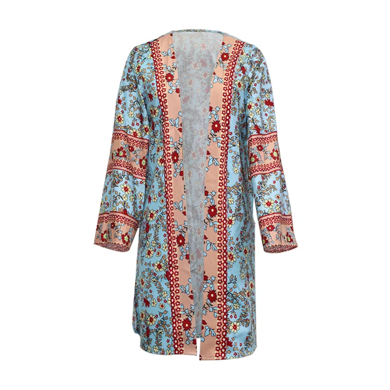 Kimono bohème à manches longues pour femmes, cardigan de plage, chemise de vacances vintage, imprimé floral, couverture ouverte en Y, été