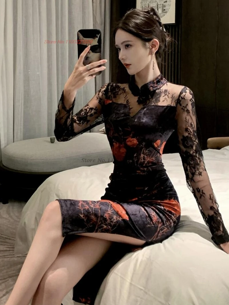 

Східное сексуальное платье для ночного клуба 2025, улучшенное кружевное бархатное лоскутное платье Cheongsam с традиционным цветочным принтом, Ципао, банкетное вечернее платье