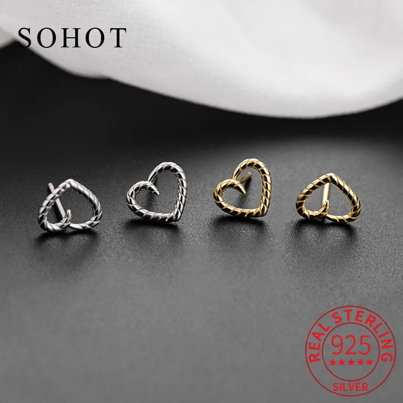 Real 925 Sterling Silver Minimalist Hollow Twisted Heart Stud Earring for Women Vintage Fine Jewelry Korea Accessories