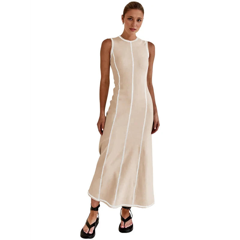 เดรสเสื้อยืดแขนกุดผู้หญิง A09P สำหรับฤดูร้อน ผ้าถักลายริบตัดสี ทรงแม็กซี่