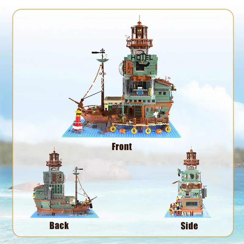 Creative Harbour Hotel Old Fishing House Ship Model Building Blocks Street View Lighthouse Houseboat With Light Mini Bricks Toys