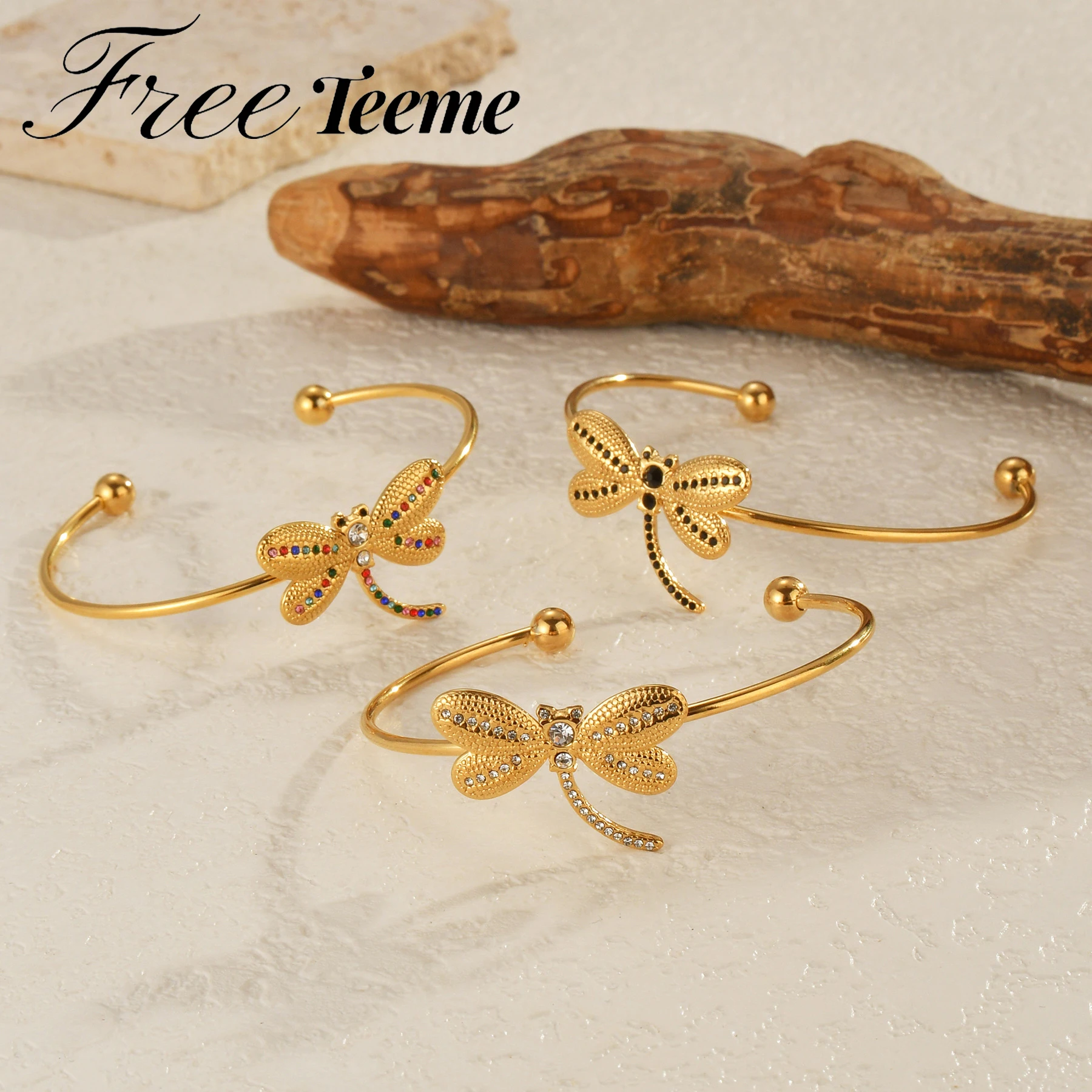 

Freeteeme Luxury Zircon Dragonfly Bangle for Women Stainless Steel Gold Color Adjustable Couple Bracelet Fine Jewelry Cuffs Gift