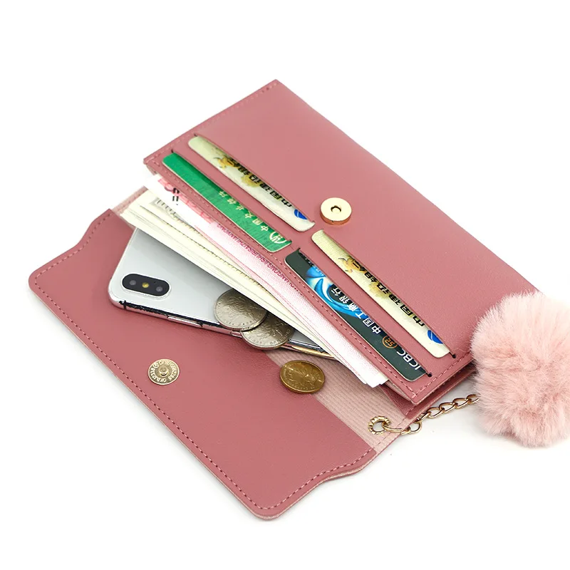 Women\'s PU Leather Long Wallets Luxury Brand Female Card Holder Wallet with Coin Purse Ladies Wool Ball Butterfly Clutch Bag