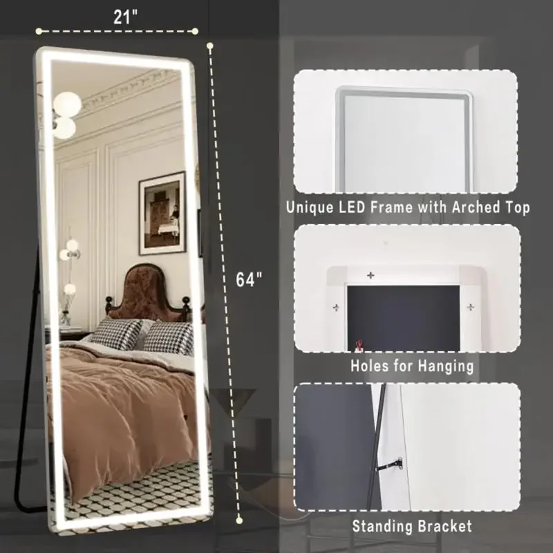 [Live5]64"x21"Full Length Mirror with LED Lights,  Lighted Floor Standing Mirror Wall Mounted Hanging Mirror & 3 Color Lighting