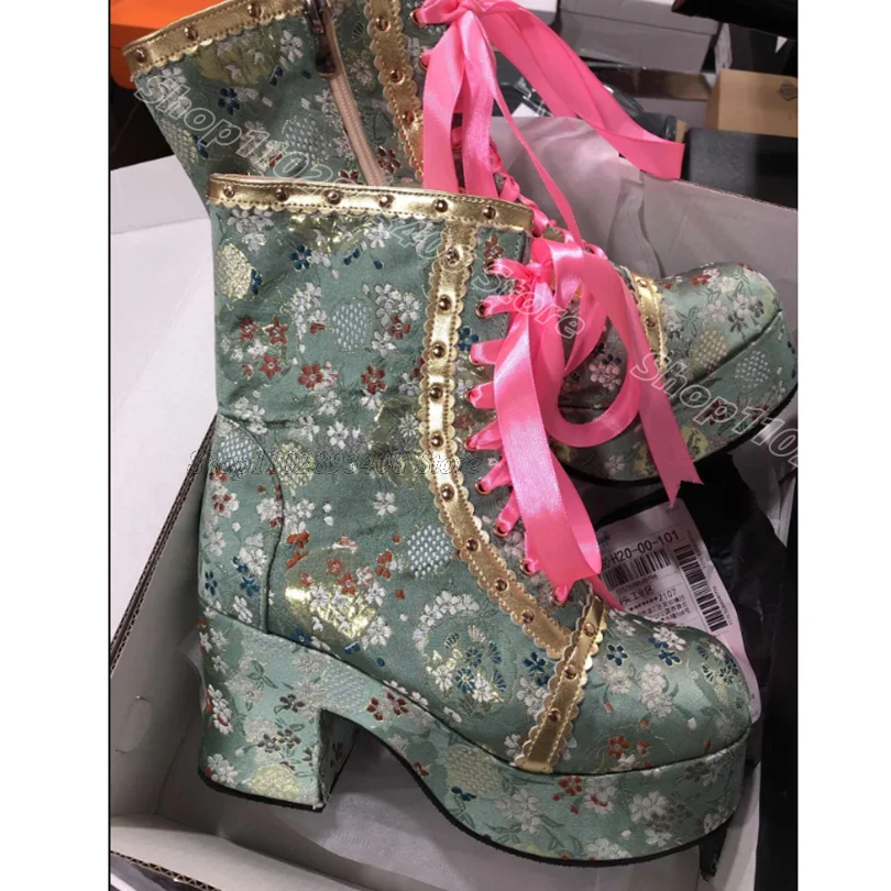 

Green Lace up Embroidery Boots Platform Round Toe Spring Punk Style Women Casual Fashion Ankle Boots 2025 Zapatos Para Mujere