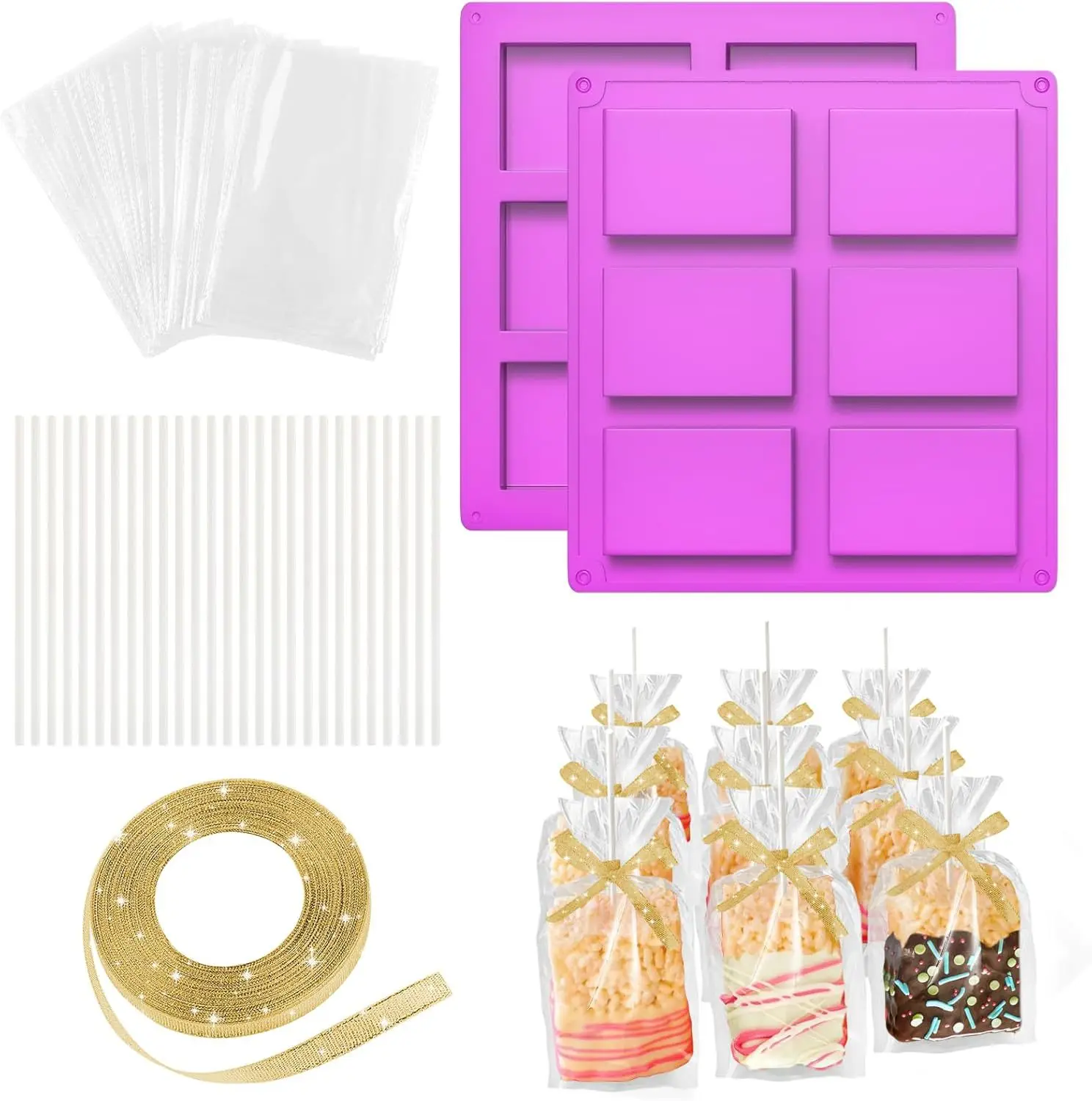 

【Complete Dessert Making Kit】with 2 Silicone Molds, 50 Packaging Bags, 50 Lollipop Sticks, 1 Roll Gold Ribbon - DIY Candy