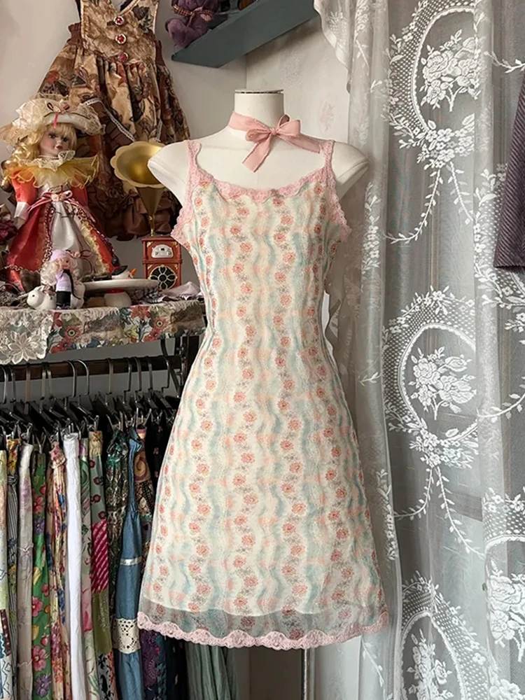 กระโปรงทรงเอลายลูกไม้ดอกไม้ฤดูร้อนสำหรับผู้หญิง ดีไซน์หวานช่วยให้ดูผอมเพรียว สไตล์ญี่ปุ่น กระชับเอว