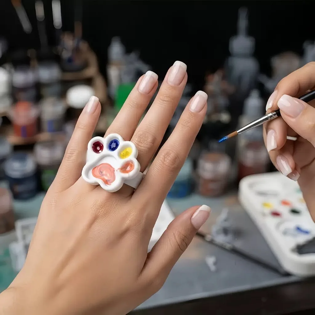 Mini Cat Paw Ring Paint Palette Set For Model Painting Artists And Hobbyists Mixed Painting Pigment Tray Nail Art Display Stand
