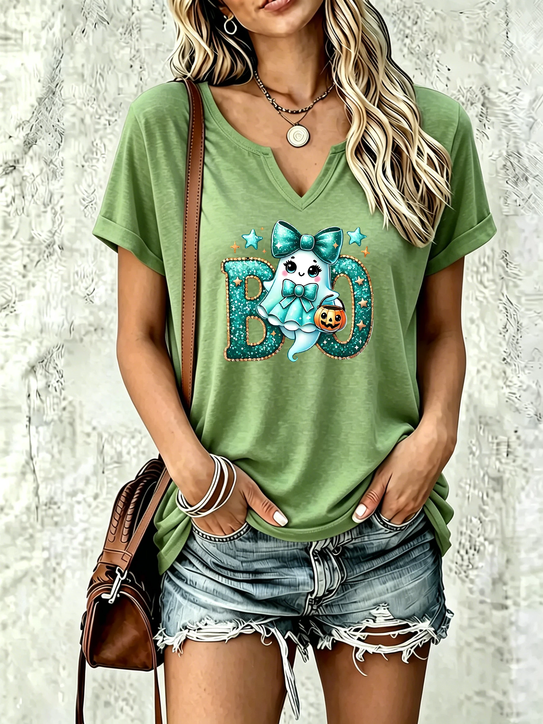 Women Summer V Neck Short Sleeve T Shirt, Cute Bow Ghost Boo Pumpkin Graphic Print, Casual Tees Ladies Daily Fashion Tops