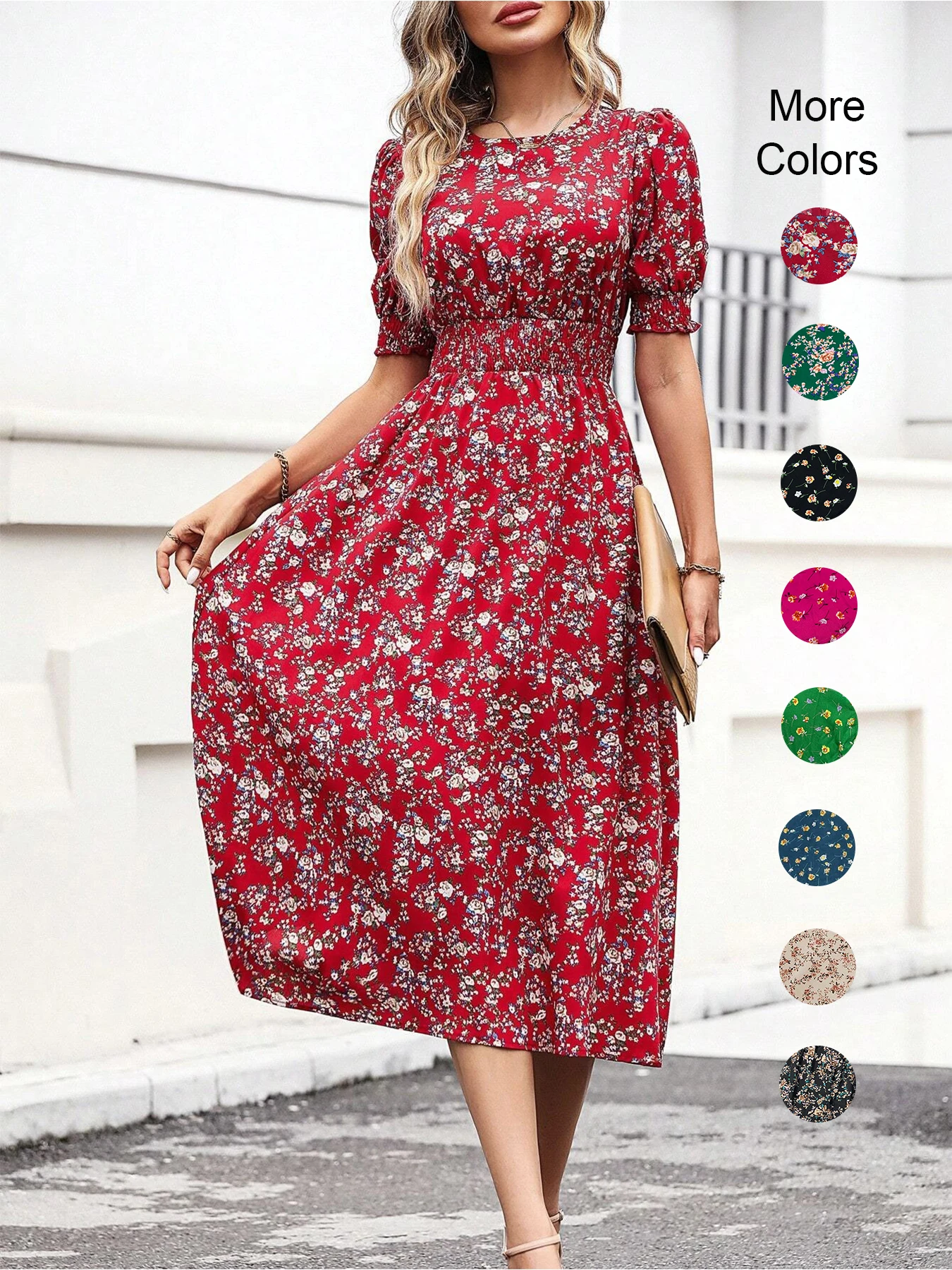 

Women's Floral Print Puff Sleeve Dress, Round Neck Waist Tie Design, Boho Style Woven Fabric, All Season Wearable
