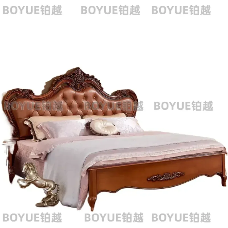 European Solid Wood Double Bed Leather Upholstered Master Bedroom Princess Style American Country Wedding Bed with Storage