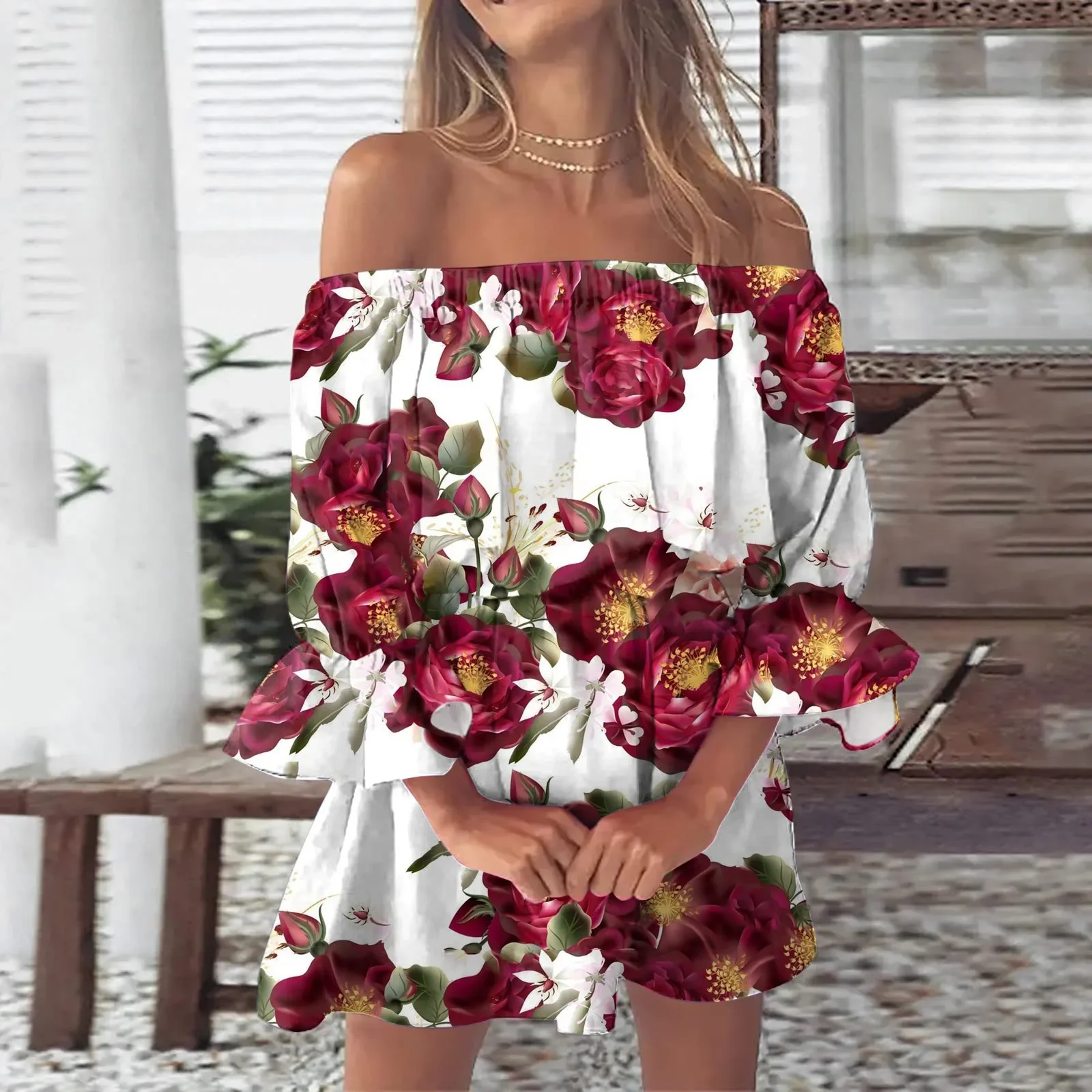 

Summer Dresses For Women 2023 Beach Sexy Off Shoulder Tunic Sundresses Casual Loose Fit Bell Sleeve Mini Floral Linen Wrap Dress