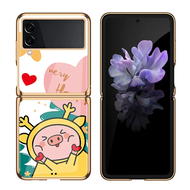 Z Flip 4 Funda Case for Samsung Galaxy Z Flip 4 3 2 1 Happy Pig Plating Tempered Glass Coque Protection Phone Case Cover