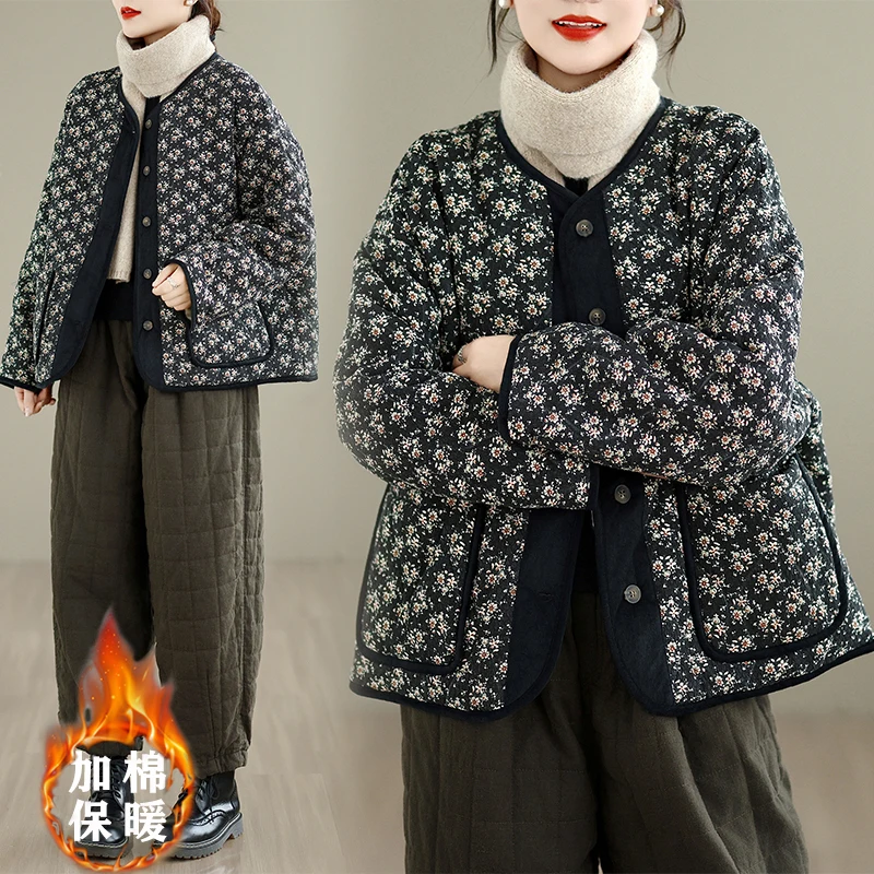 

Loose Fit Retro round Ne down Cotton Jaet Women's Winter Coat Small Floral Print Oversized Cardigan Polyester Fiber