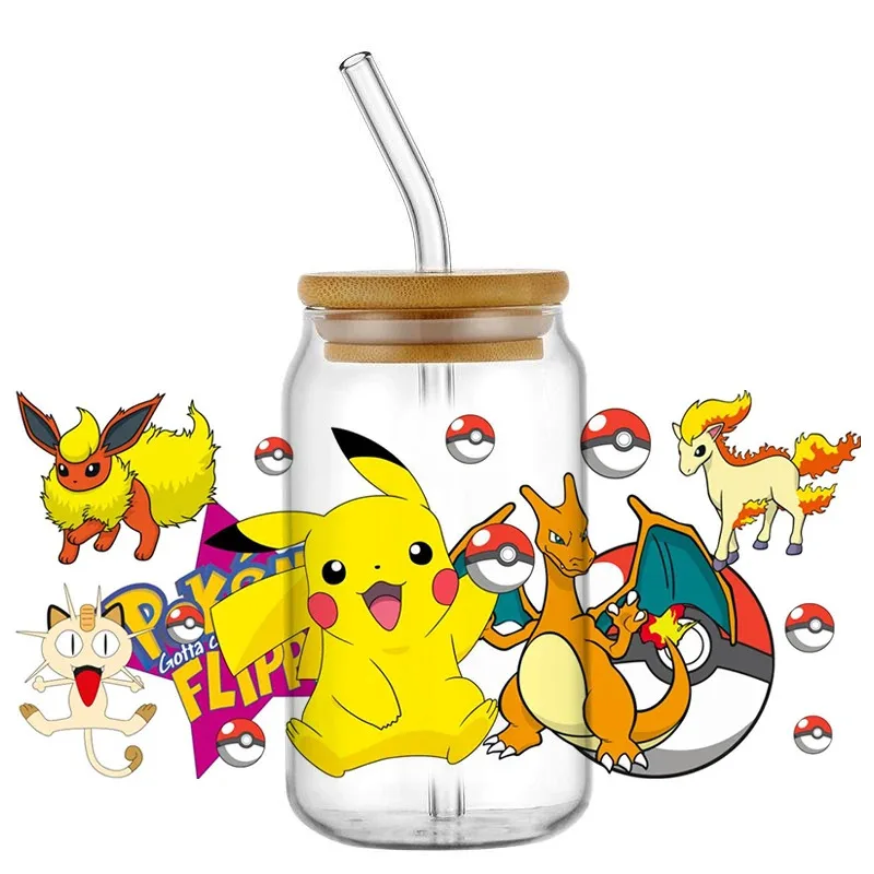 

New Design Pokemon Japanese Cartoon UV DTF Popular Cup Mug Wraps Sticker DIY 3D Decal For 16oz Libbey Glass Wholesale