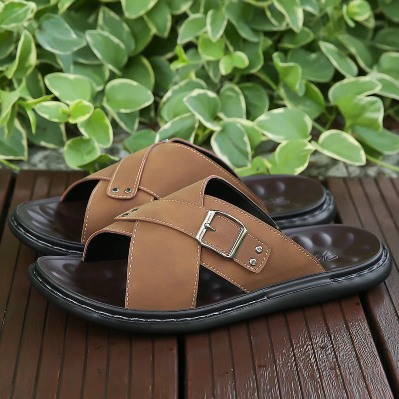 

Summer Men Real Leather Beach Sandals Classic Wear Resistant Flat Sole Comfort Outdoor Leisure Casual Footwear
