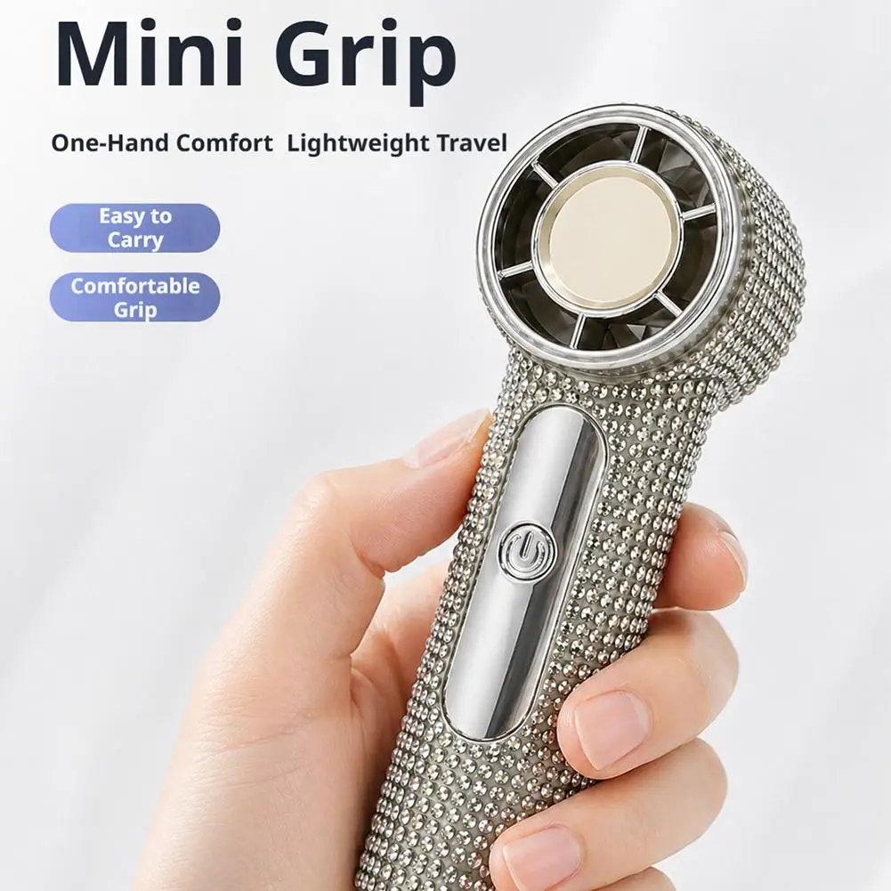 Portable Handheld Fan Speed Diamond Studded Mini Fan LED Digital Display Type C USB Rechargeable Strong Airflow for Outdoor view 4