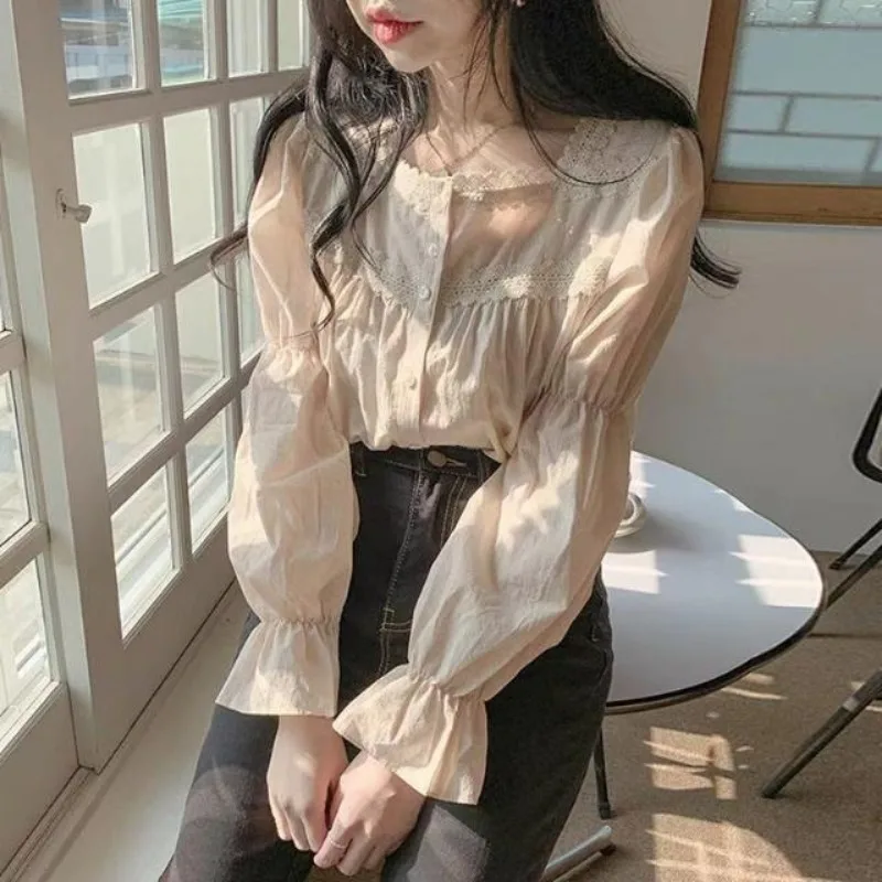 Femme Spring Summer Korean Fashion Button Hollow Out Solid Color O-neck Women Shirts Simplicity Fashionable Long Sleeve Top Tee