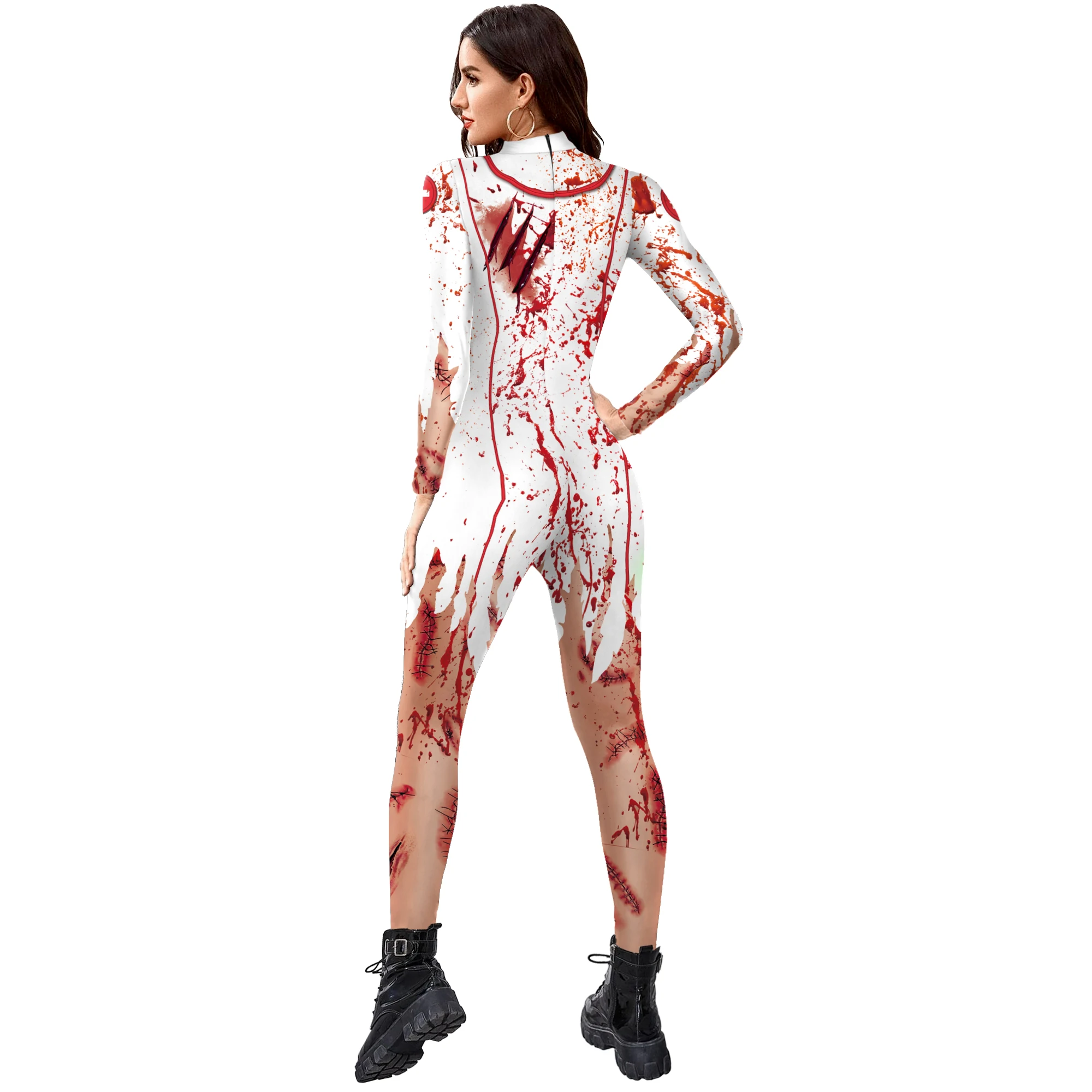 Halloween Women Cosplay Scary Blood Scar Printing Nurse Uniform Sexy Slim Bodysuit Zenti Carnival Party Stage Clothings 2024