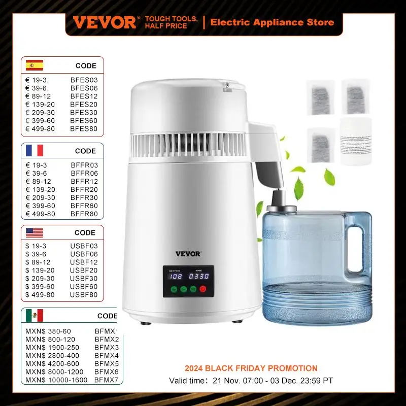 VEVOR 4L Water Distiller 1L/H Water Maker Machine w/ Timing&Temp Display 304 Stainless Steel Countertop for Offices Homes White