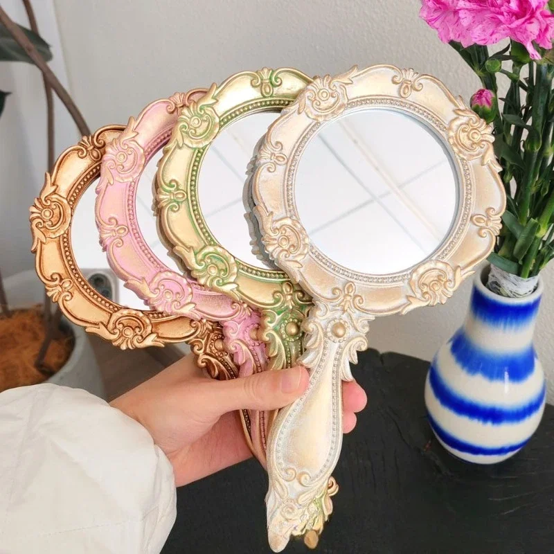 French Baroque Handheld Makeup Mirror, Vintage Resin Handle Vanity Mirror for Travel, Compact Beauty Salon Mirror Gift HomeDecor