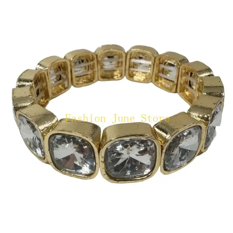 N5KA Faceted Stone Stretch Bracelet Bangle with Gold Tone Elastic Daily Styling