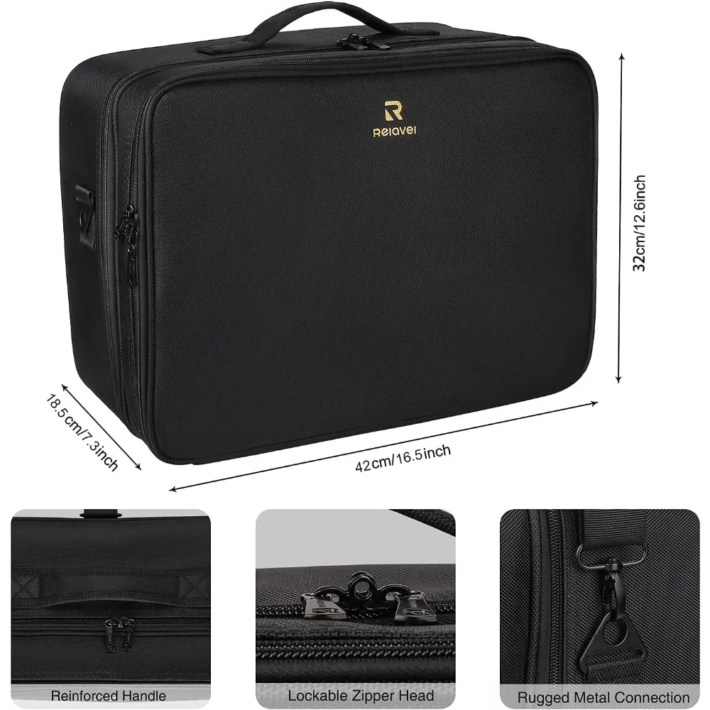 Extra Large Makeup Case with Adjustable Dividers, Shoulder Strap & Trolley Attachment - Professional Organizer