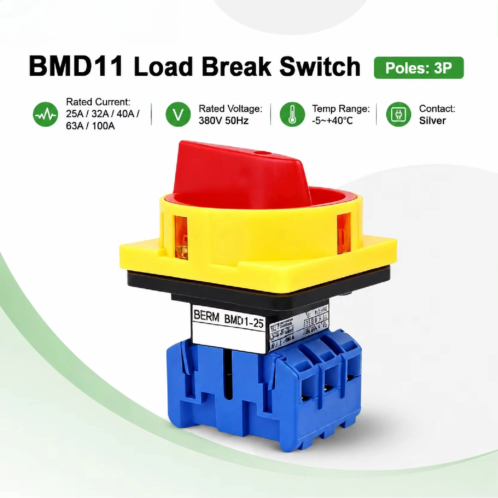 BMD11 Rotary Load Break Switch AC380V 25A-100A Changeover Switch Power Isolator Silver Contact Flame Retardant Motor Control