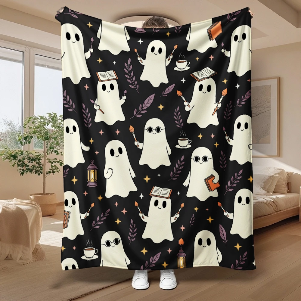 1pc Cute Ghost Book Coffee Print Flannel Blanket Soft Comfortable Warm Bed Cover Autumn Winter Season Bedroom Living Room Halloween Thanksgiving Christmas Festival Gift