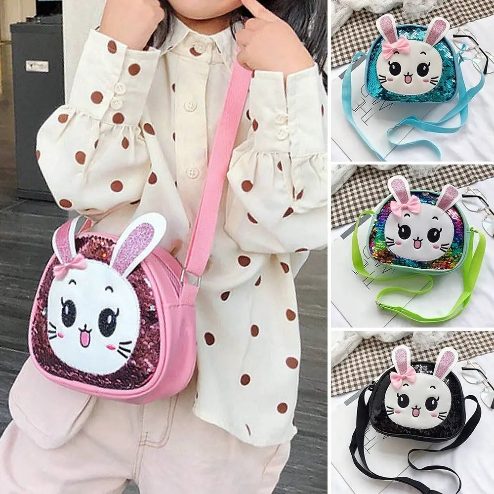 New Cartoon Cute Sequins Bunny Pu Leather Shoulder Bag Sweet Little Princess Shoulder Coin Purse Crossbody Bag