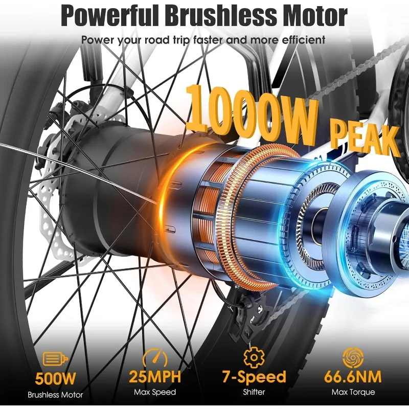 大人用電動自転車、ピーク1000W電動アシスト自転車、時速25マイル60マイル走行可能電動マウンテンバイク、26インチファットタイヤ電動自転車（48V 1個付き）