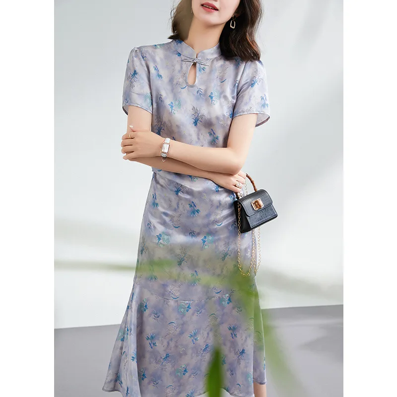 BirdTree-robes 50% naturelles, cheongsam à manches courtes pour femmes, pour fête de vacances, nouvelle collection été 2024, D45711QM