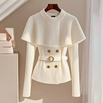 Chic Pullover Stricken Pullover Frauen Oberbekleidung Frühling Herbst Neue Dünne Lange Ärmeln Cape Schal Taille Weiche Wachsartige Pullover jacke Tops