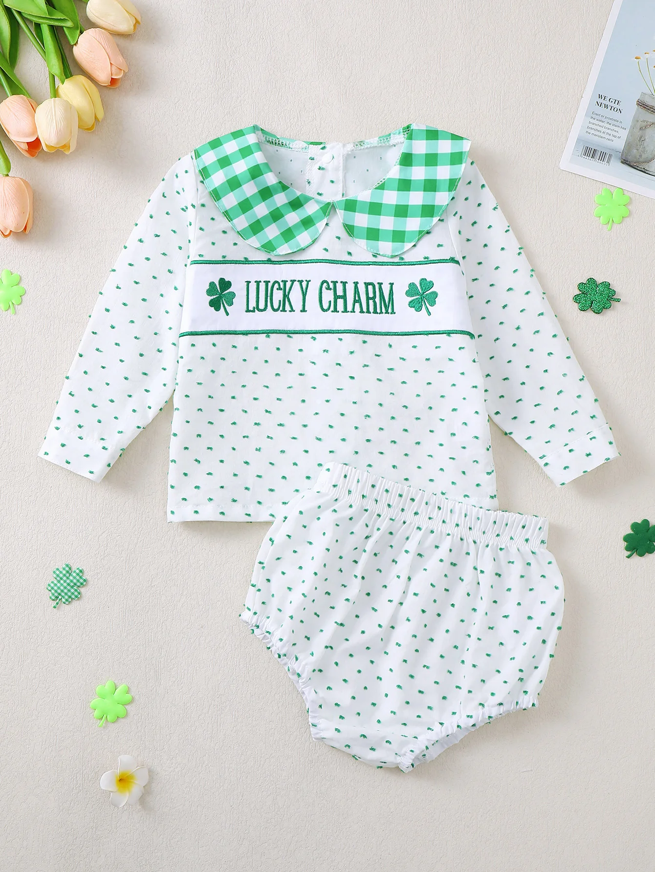 Baby Girl's Long Sleeve Outfit with Embroidered Four-leaf Clover Pattern And Doll Collar Infant Clothing Set