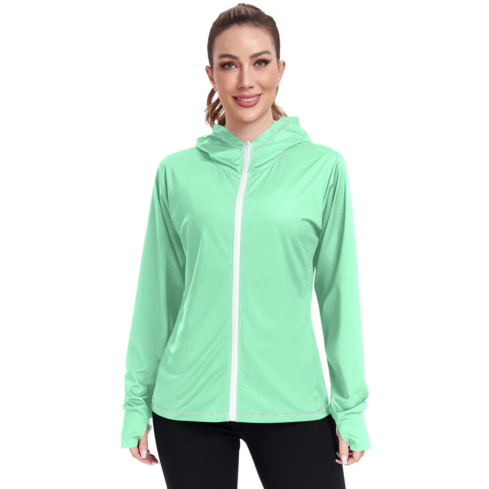 Sunscreen Hoodie Turquoise UPF Protection Tops Women Ice Silk Breathable Ultrathin Jacket Outdoor Quick Dry Fishing Running Coat