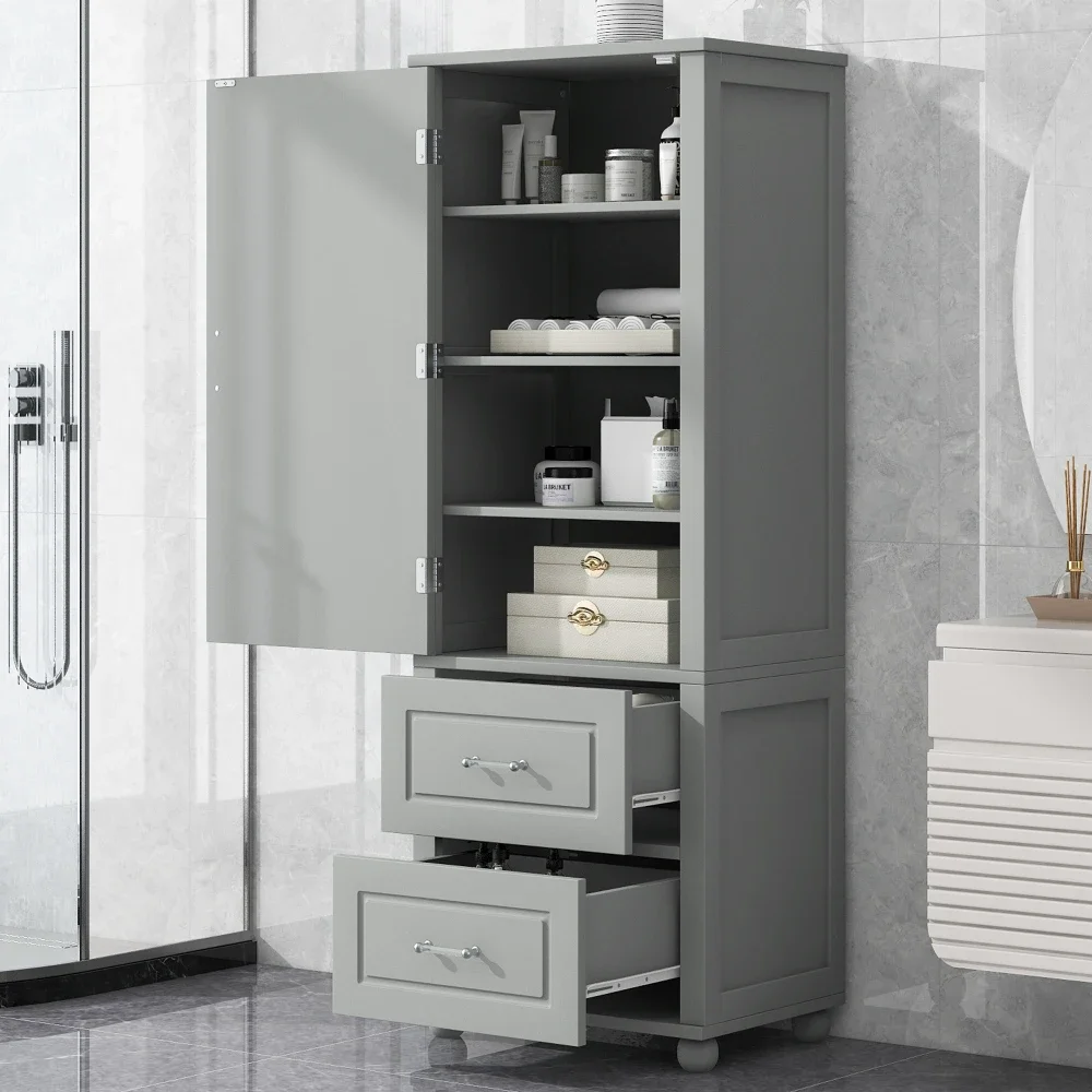 Tall Bathroom Storage Cabinet, Freestanding Storage Cabinet with Two Drawers and Adjustable Shelf, MDF Board Painted Finish Grey