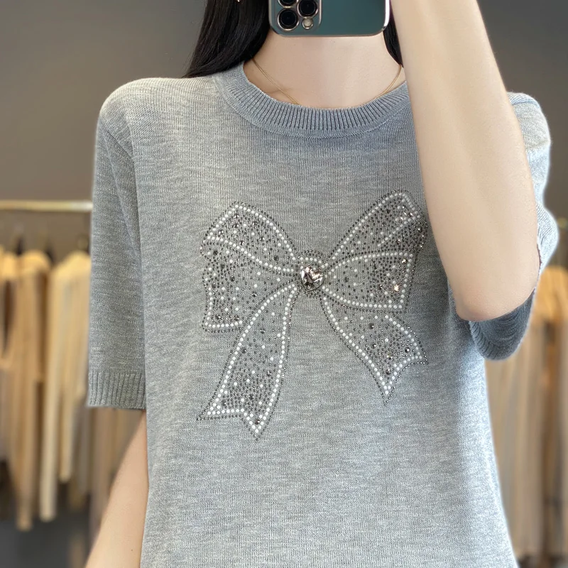 

Summer Women's 100% Linen Knitted Sweater Five Sleeve Casual T-shirt Fashion Round Neck Tees Loose Blouse Diamond Set Tops