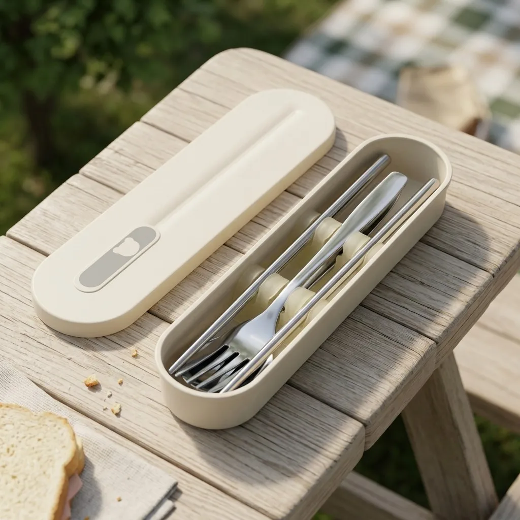 Edelstahl-Besteckset mit Gabel, Löffel und Stäbchen, inklusive Organizer-Box, tragbares, wiederverwendbares Besteck für Schule und Camping.