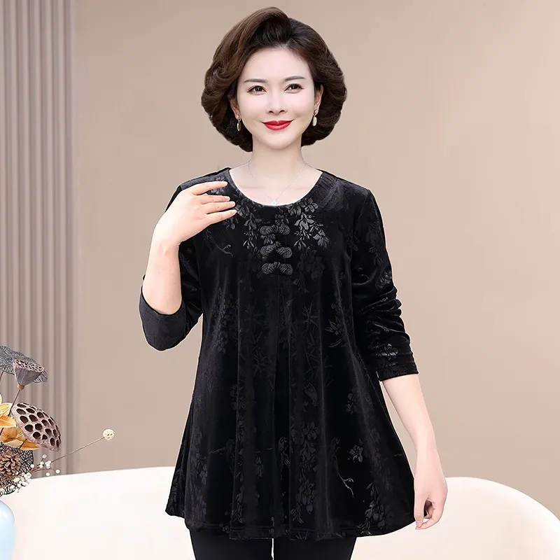 Autumn Long Sleeve T-Shirts Spring Fall Women Pullover Jacquard Middle Age Mother Retro Bottoming Shirt Casual Tops Tee 6XL7XL