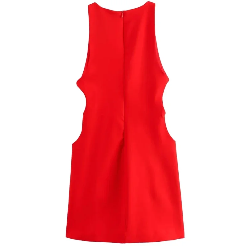 TRAF prendisole estivi da donna 2024 Mini abiti Cut-Out rosso o-collo senza maniche Tank abiti corti abiti da festa eleganti di moda