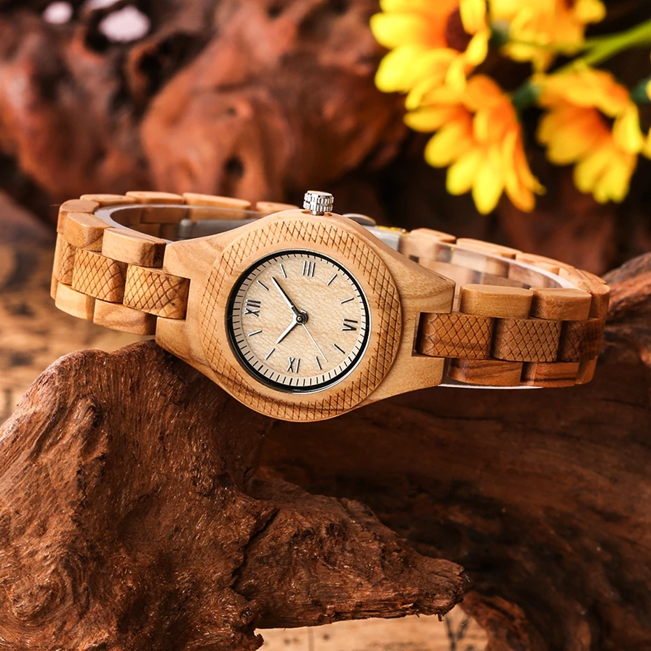 Women Watch Olive Wood Silver UP Stud Roman Numerals Literal Ladies Dress Quartz Watch Full Wooden Slim Adjustable Bangle Clock