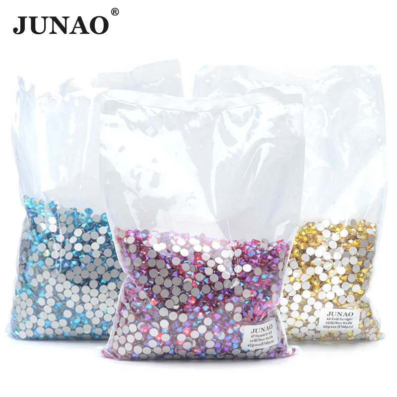 JUNAO Bulk 14400pcs SS6-SS50 Clear AB Glass Rhinestones Flatback Crystal Stones Non Hotfix Strass Appliques for Wedding Dress