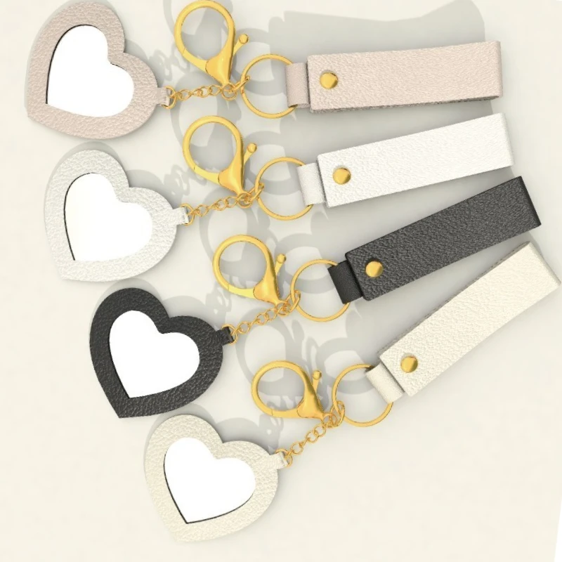 Cute and Creative Little Peach Heart Mirror Keychain Customizable Logo Name PU Leather Love Makeup Mirror Keybag Pendant Gift