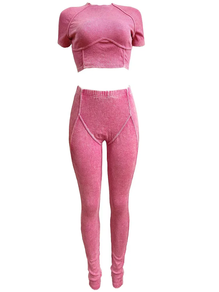 Beyprern Casual Ribbed Crop Top And Matching Legging Set Two-Piece Outfits Women\'s Knit Co-rd Active Set Pink Tracksuit Female