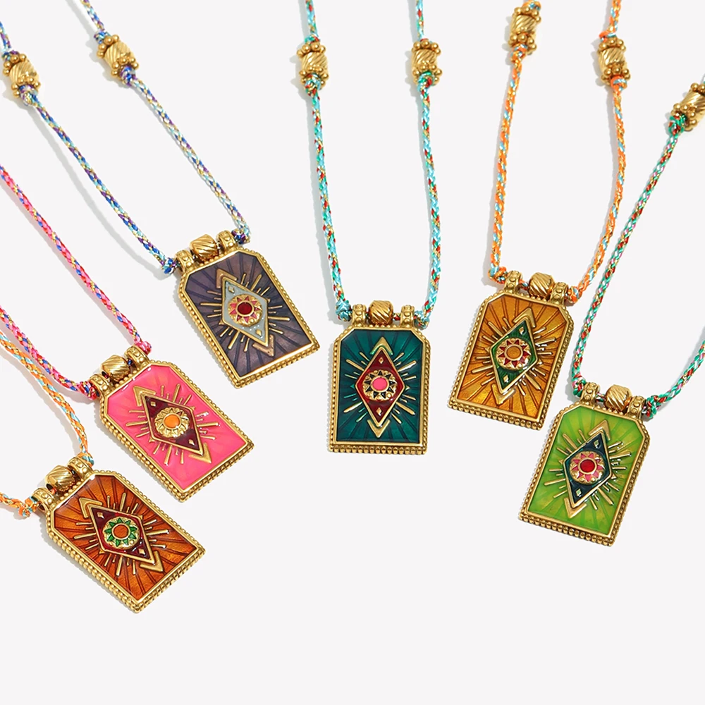 E.B.belle Women's New Hand Woven Colorful Rope Enamel Tarot Eye Pendant Necklaces Gold Plated Stainless Steel Jewelry