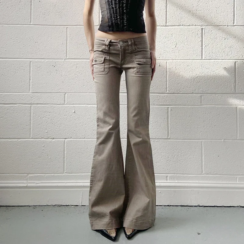 Personalized American Retro Workwear Style Pocket Denim Micro Flared Pants Design Distressed Low Waist Spicy Girl Casual Pants