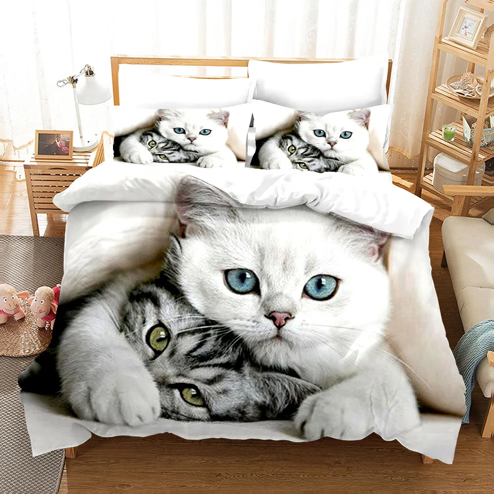 Animal Cat Duvet Cover King Queen Black White Funny Cute Pet Kitty Bedding Set For Kids Teens Adult Fashion Soft Comforter Cover