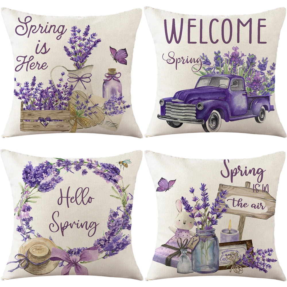 

Purple Flowers Pillows Cushion Cover 18x18 Inches Throw Pillow Case Linen Pillow Covers Spring Home Decor Pillowcase for Sofa