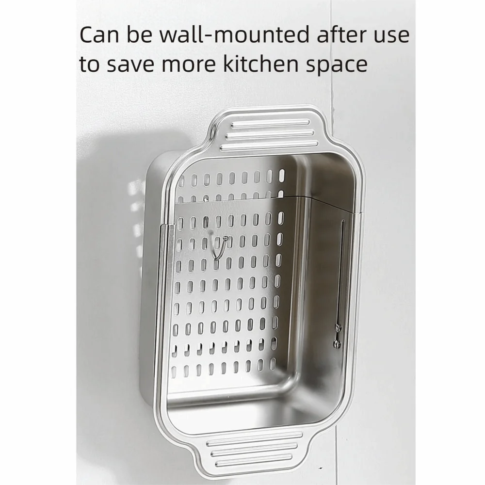 Retractable Vegetables Drain Basket 304 Stainless Steel Thickened Kitchen Sink Rack with Handle Multipurpose Dish Drying Shelf