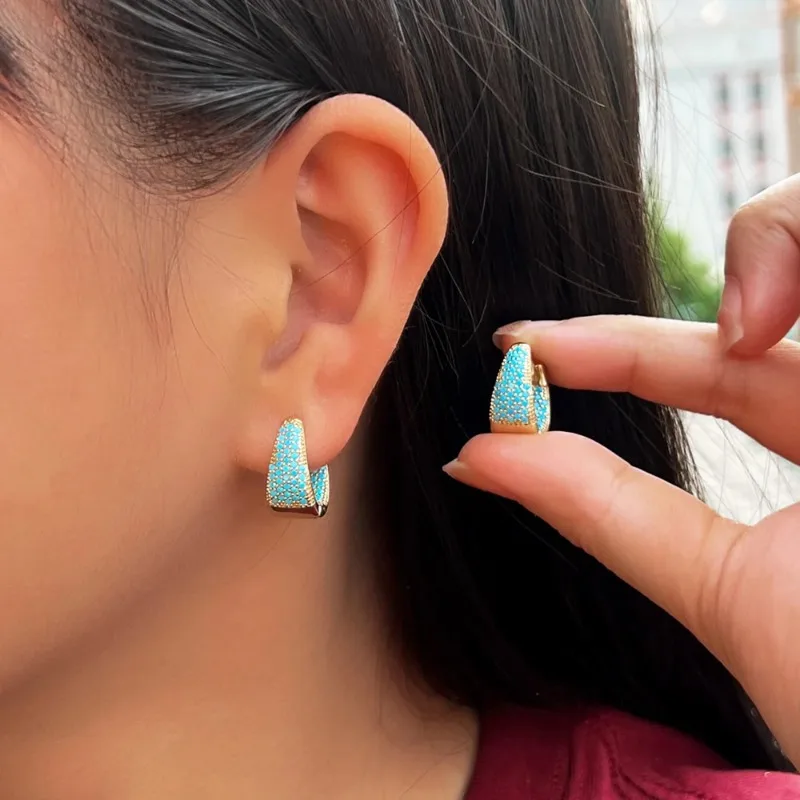 Fashion Full Blue Turquoise Paved Luxury Gold Color Hoop Earrings For Women Anniversary Party Banquet Wedding Jewelry Gifts
